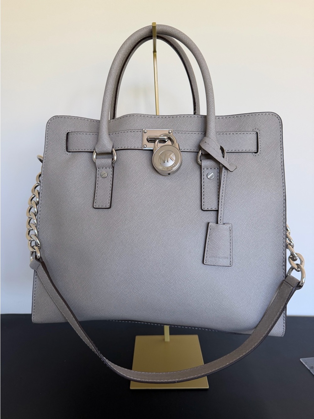 Michael Kors Hamilton Gray Saffiano Leather Lock Satchel Shoulder Bag